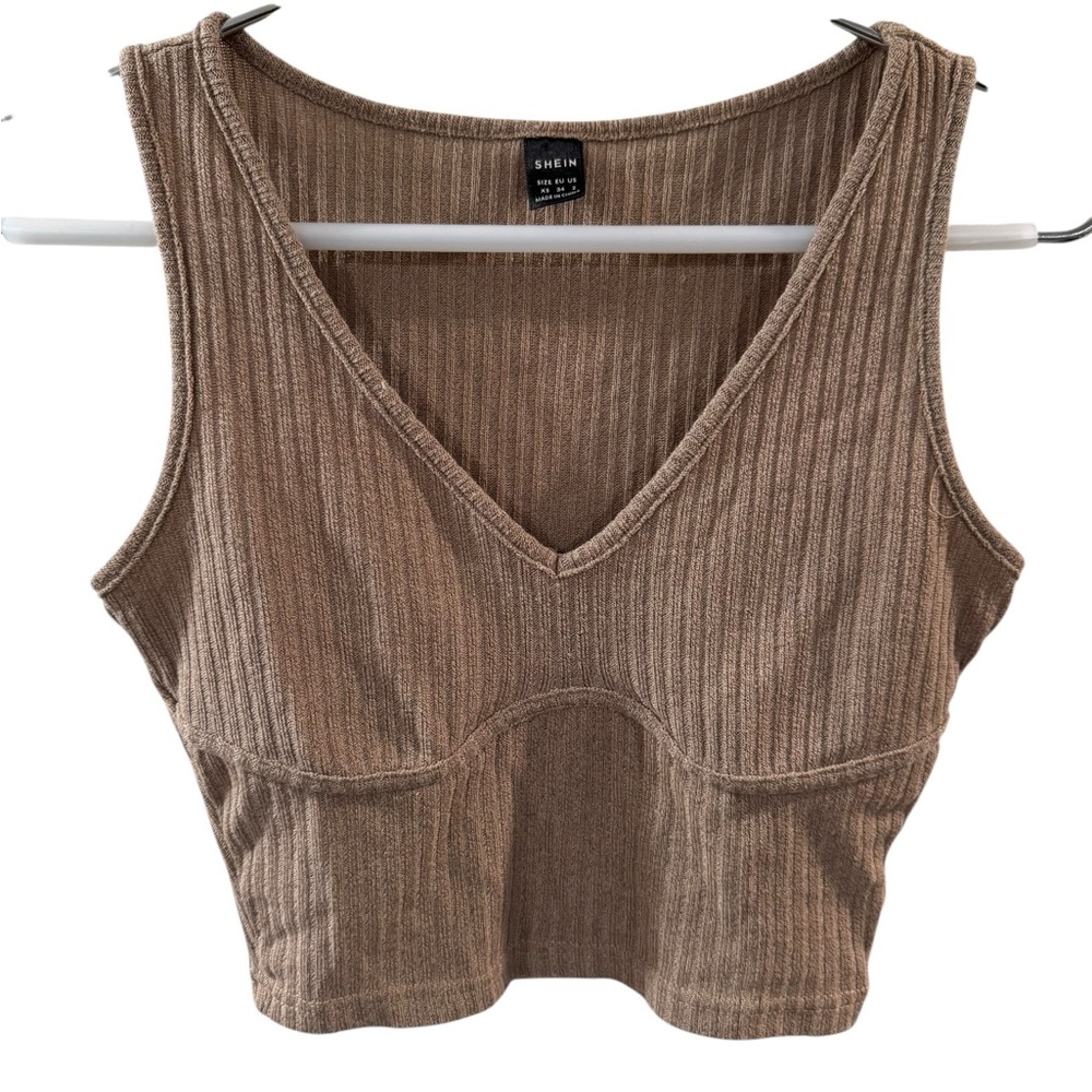 SHEIN Taupe Ribbed V-Neck Crop Top